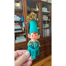 Vintage Green Knee Hugger Elf Christmas Ornament Made in Japan Holiday Kitsch picture