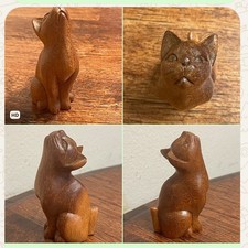 VTG Hand Carved Solid Wood Cat Figurine Playful Folk Art Statue Looking Up RARE picture