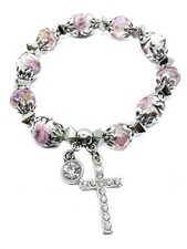 Cross Bracelet Pink Crystal Beads Wrist Bangle Stretch Christian Gift Unisex picture