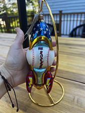 Christopher Radko Rare HTF Rocket Glass Hanging Ornament Stars Pattern picture