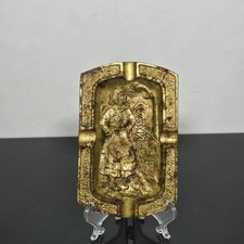 Vintage French Brass Souvenir Ashtray France 1945 Woman Spinning Wheel picture