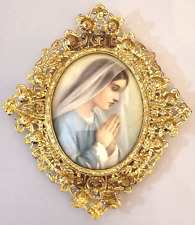 Vintage 1940s Ornate Gilded Frame Virgin Mary Litho Print Curved Glass 5.75
