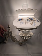Antique Vintage Electrified Hanging Lamp W/White Cast Iron Lamp Holder/Bracket picture