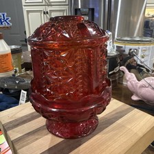 Vintage Indiana Glass Large Ruby Red Stars & Bars Fairy Lamp 6.5