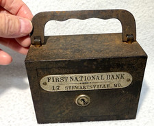 Antique FIRST NATIONAL BANK Metal Coin Bank STEWARTSVILLE, MO. Advertising picture