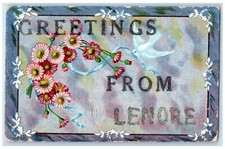 1916 Greetings from Lenore Manitoba Canada Embossed Flower Dove Postcard picture