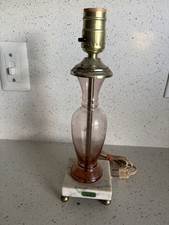 Vintage 13” Clear Pink Glass Boudoir Lamp Etched Floral Glass W Marble Base picture