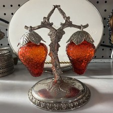 Vintage Red Glass Strawberry Salt Pepper Shakers Hanging Cruet Set Stand. 5” picture