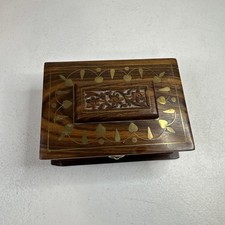 Vintage Hand Carved Ornate Wood Box, Gold Leaf Inlay India 6”x 4” x 2.5” picture