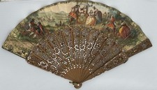 FOR REVIEW ONLY—Vintage Cuban Wood Folding Hand Fan-Inlaid Mirrors-Painted Scene picture