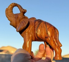 Vintage Hand Carved Olive-Wood Elephant Figurine Trunk Up Good Luck 5” picture