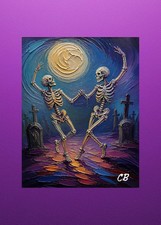 Skeletons Dance Under Full Moon | ACEO Art Card | Halloween picture