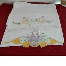 Vintage Hand Embroidered Pillowcase Set Standard White Floral Fairy Grandmacore picture