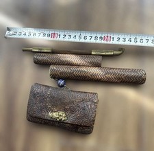 Antique Japanese Kiseru Pipe Bamboo Case Deer Leather Tobacco Pouch Lion Set picture