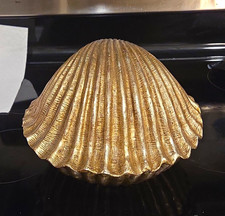 Gold Metal Hinged Shell Trinket Box w/ Sea Life Interior, Seashell Theme picture