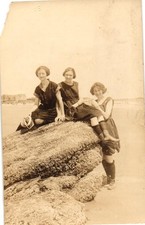 Antique RPPC Three Women Posed on Rock on the Beach Postcard picture