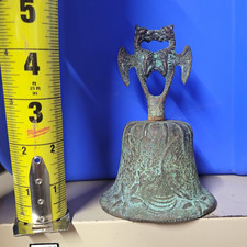 Vintage Double Dragon Handle Bronze Bell, Aged verdigris patina. picture