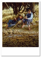 CHILDHOOD FISHING Kids Art – Boys by the River ART Jim Style Modern Postcard picture