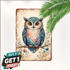 Vintage Big Eyed Owl Watercolor Sign Woodland Bird Wildlife Metal Plaque picture