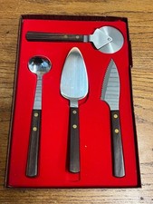 Vintage MCM Burnco Serving Utensil 4pc Set Teak Wood Pizza Cutter Spatula ++ picture
