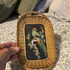 Vtg 1950s Mexican Feathercraft Wicker Basket Tray Bird Art Stamped Made in Mexic picture