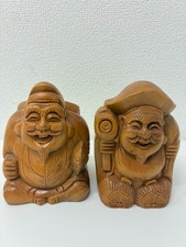 Vintage Japanese Wooden Ebisu & Daikokuten Statues Seven Lucky Gods Carving Set picture