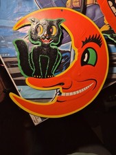 Vintage BEISTLE Embossed Halloween Die Cut Decoration Smiling Moon & Black Cat picture