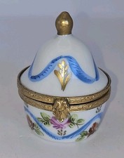 Vtg Signed LIMOGES FRANCE Floral Flowers Hinged Trinket Box Ring Peint Main Blue picture