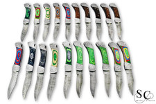 20-Piece Damascus Steel Back Lock Folding Knife Lot - Leather Sheaths, Assorted picture