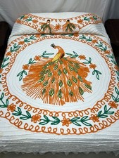 #840 Vintage 1950's Plush Orange Peacock & Floral Chenille Bedspread 90