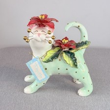 Vintage 2005 Amy Lacombe WhimsiClay Poinsettia Porcelain Cat Figurine Christmas picture