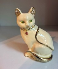 Vintage bejeweled enamel Cat Trinket Box w/ Rhinestones, Hinged Lid, Green Eyes picture