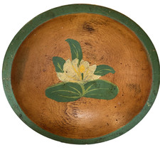 Vtg Munising Wood Bowl Hand Painted Flowers Old Green Paint Cottage Farmhouse picture