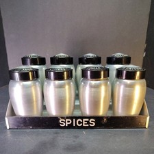 Vintage Kromex Spice Canister/Shaker Jars Set w/Lids Spun Aluminum Display Rack picture