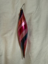 Vintage Pink  Candy Stripe Teardrop Glass Poland Christmas Ornament picture