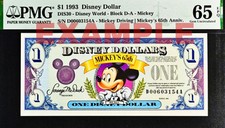 1993 $1 DISNEY DOLLAR Mickey Driving Mickey's 65th Anniversary  PMG 65 EPQ GEM picture