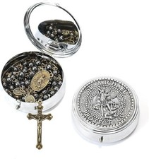 Antique Bronze St Michael Black Hematite Stone Beads Rosary Necklace - Metal Box picture