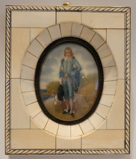 Antique Miniature Portrait of Man in Decorative Mosaic Bone Tile Picture Frame picture