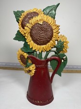 Vintage Cast Iron Sunflowers in Red Pitcher Door Stop`Midwest Importers 11” tall picture