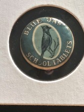 Rare Antique Early Pinback Button BLUE JAY SCHOOL TABLETS Blue Jay Bird picture