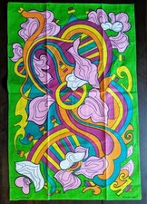 Vintage 1970s Psychedelic Linen Tea Towel Czechoslovakia Retro Ribbon Floral  picture