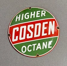 VINTAGE 12” DOMED COSDEN GASOLINE OCTANE PORCELAIN SIGN CAR GAS OIL MOTORCYCLE picture