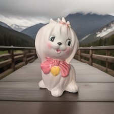 Vintage Lefton Mr Toodles Maltese Dog Planter #2631 Ceramic Puppy Pink Bow Flaw picture