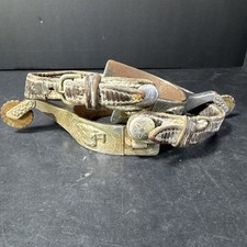 Vtg PM KELLY Western Cowboy Spurs Silver Overlay Horse Steer Head Brass Rowel picture