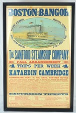 RARE FRAMED 1881 BOSTON & BANGOR SANFORD STEAMSHIP CO. BROADSIDE POSTER - 23