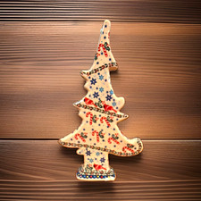 Polish pottery Christmas Tree Figurine Decorated Candy Cane & Holly 11.5