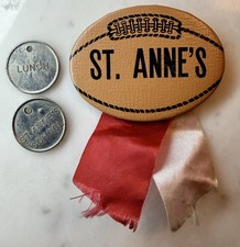 Vintage St Anne's School Football Pin Ribbon Badge 2 Lunch Tokens c1940s picture
