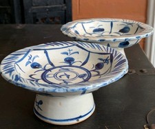 Vtg Vietnamese Offering Bowl Pair Blue Painted Pedestal Bat Trang Pottery Set picture