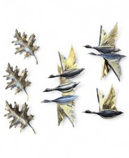 VTG 60s MCM Brutalist Mixed Metal Wall Art Set - 3 Flying Geese & 3 Oak Leaves picture