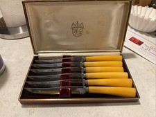Vintage Washington Forge set of 6 butterscotch bakelite steak knives picture